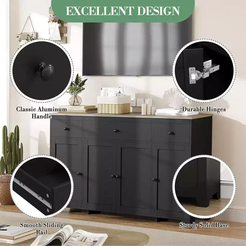 Buffet 55 avec 3 tiroirs et 4 portes, meuble de rangement de cuisine avec étagère réglable, pour la salle à manger ou le salon