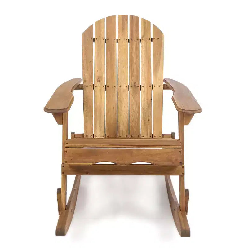 Okak rustikaler Adirondack-Schaukelstuhl aus hochwertigem Akazienholz, 1 Stück, gemütlicher Outdoor-Sessel für Veranda, Hinterhof und Garten, naturfarben