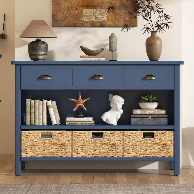 Tavolo consolle da ingresso con contenitore, tavolo da corridoio stile rustico con 3 cassetti e 3 cesti in giacinto d’acqua per soggiorno o ingresso - Panipeachy