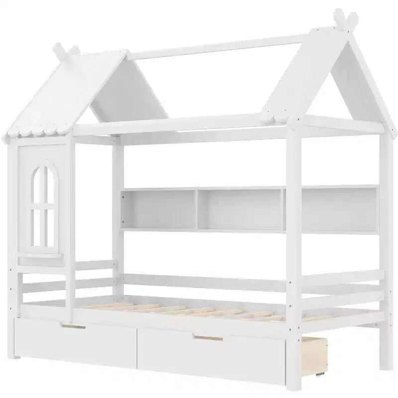 Huisbed met opberglades en raam, frame van massief hout met planken, speels kinderontwerp, lichtwit