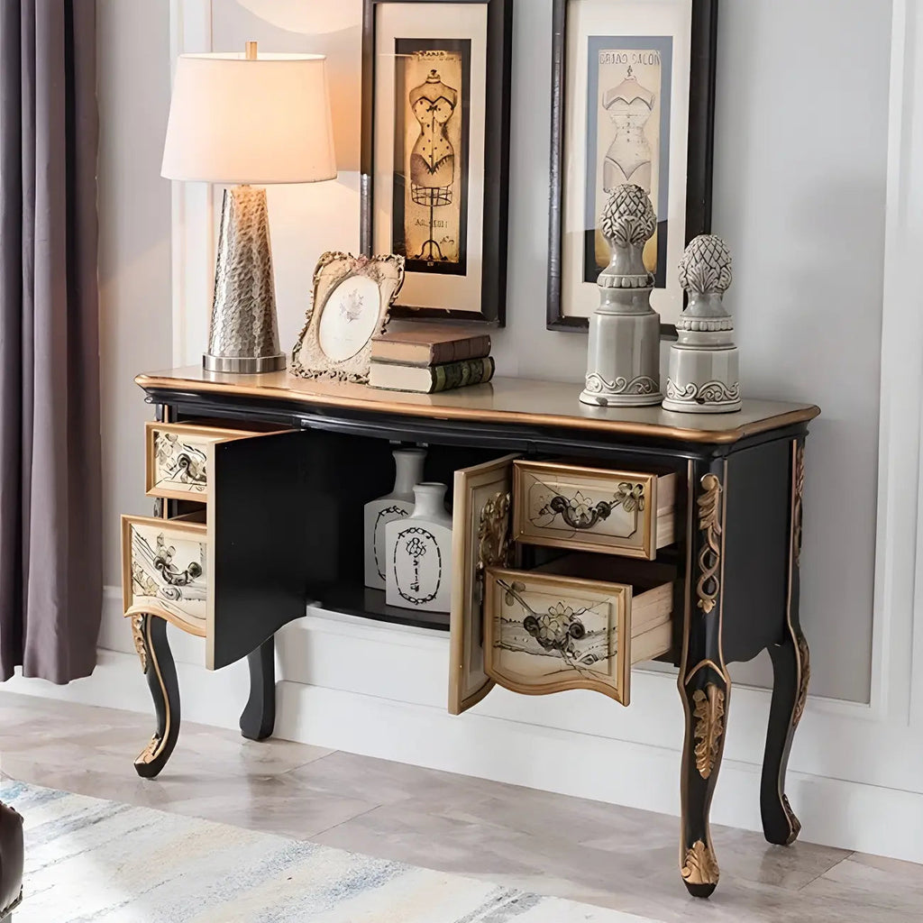 Franse houten koffiekleurige opbergconsoletafel met laden