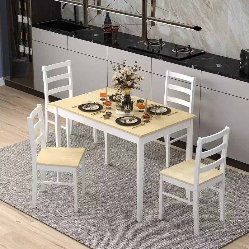 Costway 5-delige eetkamerset van massief hout, keukenmeubels met rechthoekige tafel en 4 stoelen, naturel/koffiekleur/grijs
