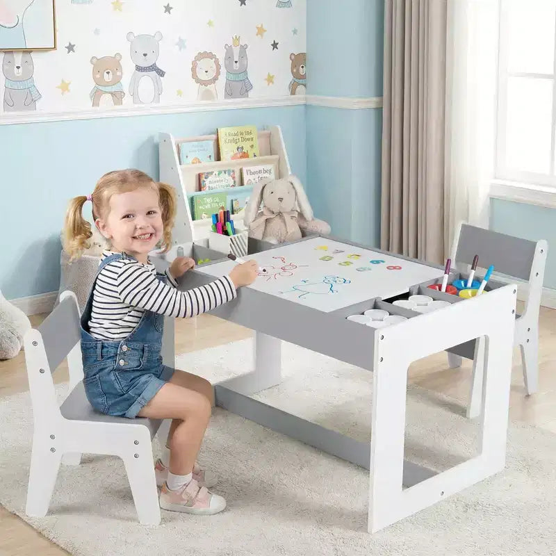 Costway multifunktionales Kindertisch- und 2-Stühle-Set mit abnehmbarer, doppelt großer Tischplatte, Grau + Weiß/Natur + Weiß