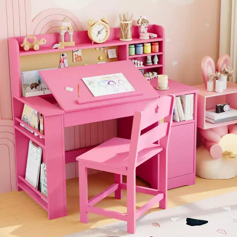 Ensemble bureau et chaise d’étude pour enfants avec rangement, bureau pour enfants avec étagère supérieure et plateau inclinable, table en bois avec meuble de rangement pour les 3-8 ans