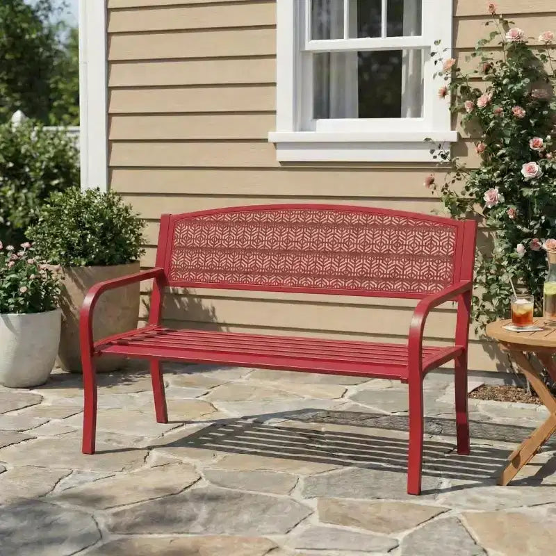 Banc d’extérieur en métal pour 2 personnes, mobilier de jardin en acier avec dossier géométrique pour patio, jardin et véranda