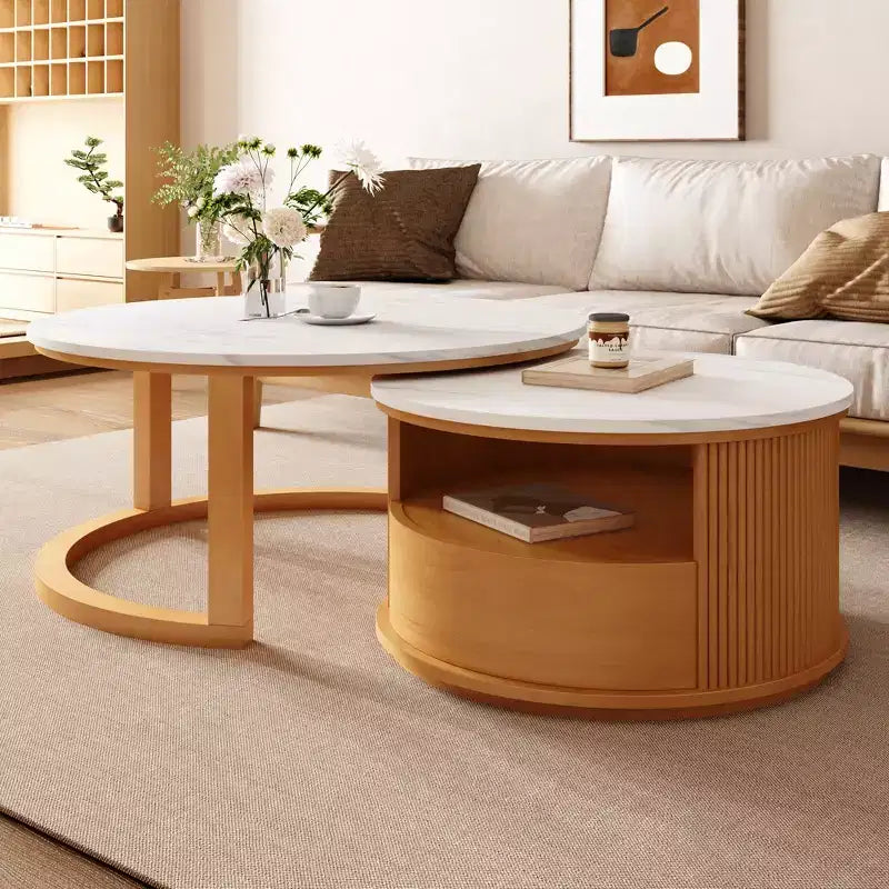 Moderner Satztisch-Couchtisch mit Schublade, runder Wohnzimmertisch mit Stauraum