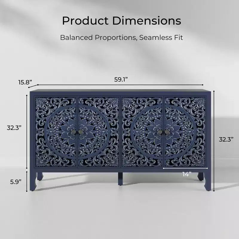 Credenza con contenitore, mobile contenitore dall'aspetto vissuto con 4 ante intagliate e ripiano regolabile, credenza decorativa in legno