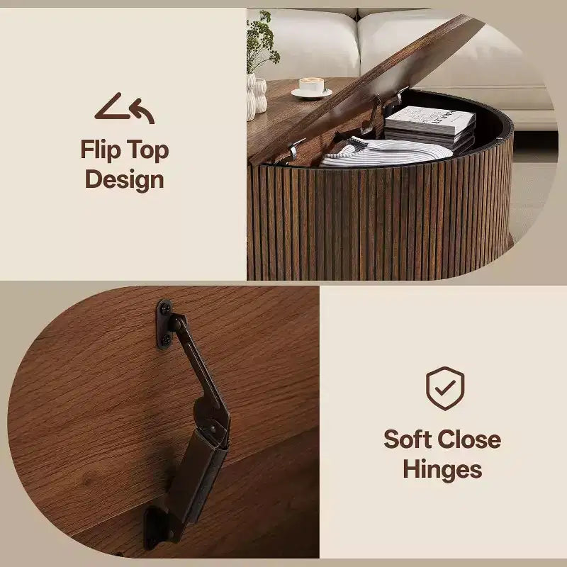 NAYSAYE ronde salontafel met opbergruimte, geribbelde middentafel van 31.5 voor de woonkamer, moderne ronde bijzettafel van walnotenhout voor kleine ruimtes