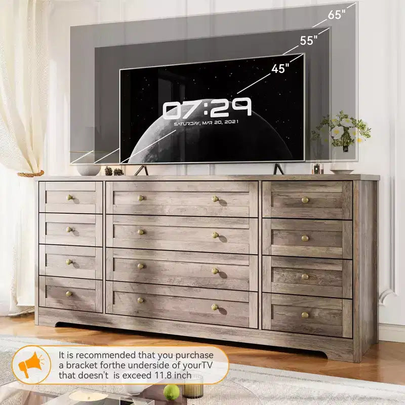 Commode en bois à 12 tiroirs pour chambre, meuble TV moderne et large pour téléviseur de 65 pouces, commode en bois, rangement champêtre pour vêtements dans le salon
