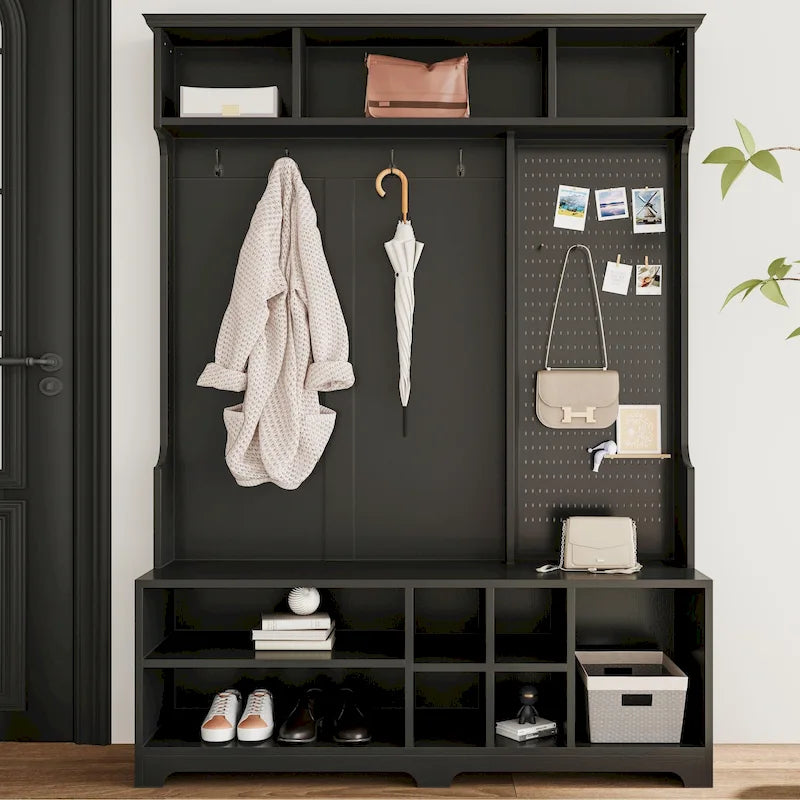 GDFStudio - Appendiabiti multifunzione Finn con panca portascarpe, pannello forato e ampio spazio contenitivo