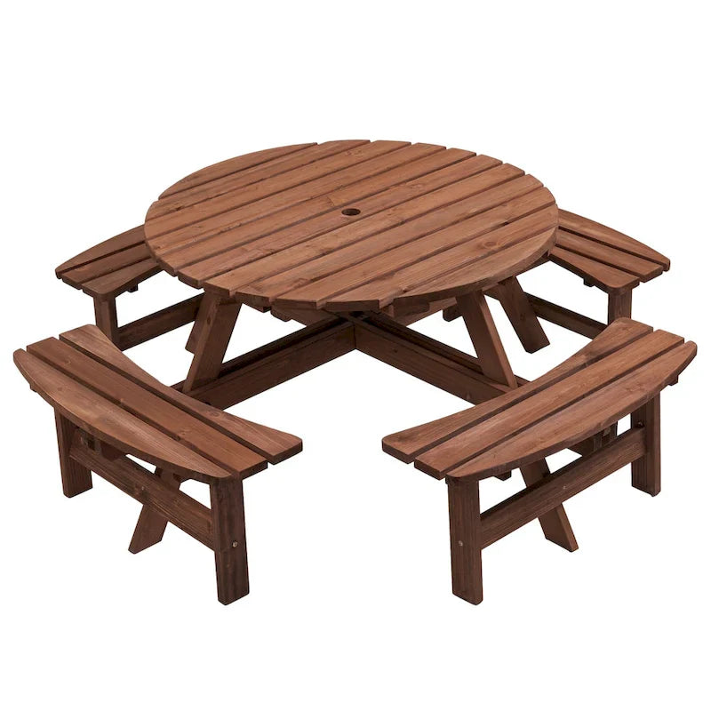 Rundes Picknickset aus Douglasienholz für 8 Personen für Terrasse und Garten, mit 4 integrierten Bänken und Schirmloch