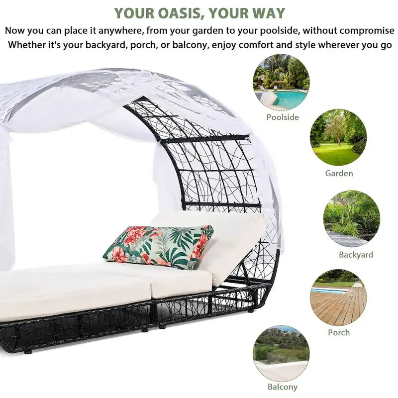 Oaks Aura Outdoor ligbed met kussen, gordijn en kleurrijk sierkussen, loungestoelen van wicker, verstelbare ligstoelen voor de tuin