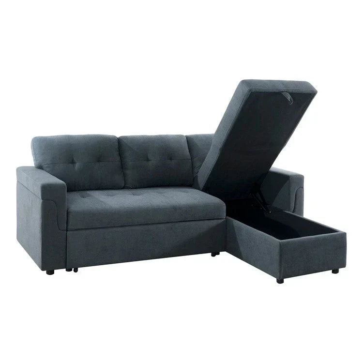 Umbaubares, beidseitig montierbares Ecksofa mit ausziehbarem Schlafbett, verstecktem Stauraum in der Recamiere und robusten Beinen