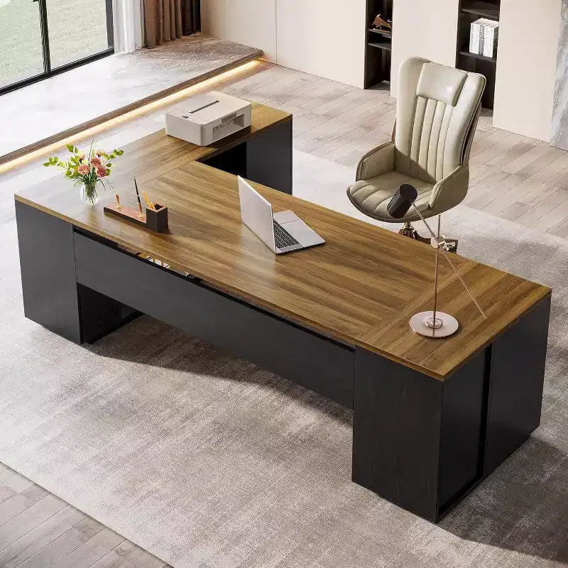Bureau de direction d’angle Lantine 85.8 en forme de L, extra large, pour ordinateur, avec tiroirs classeurs pour bureau à domicile