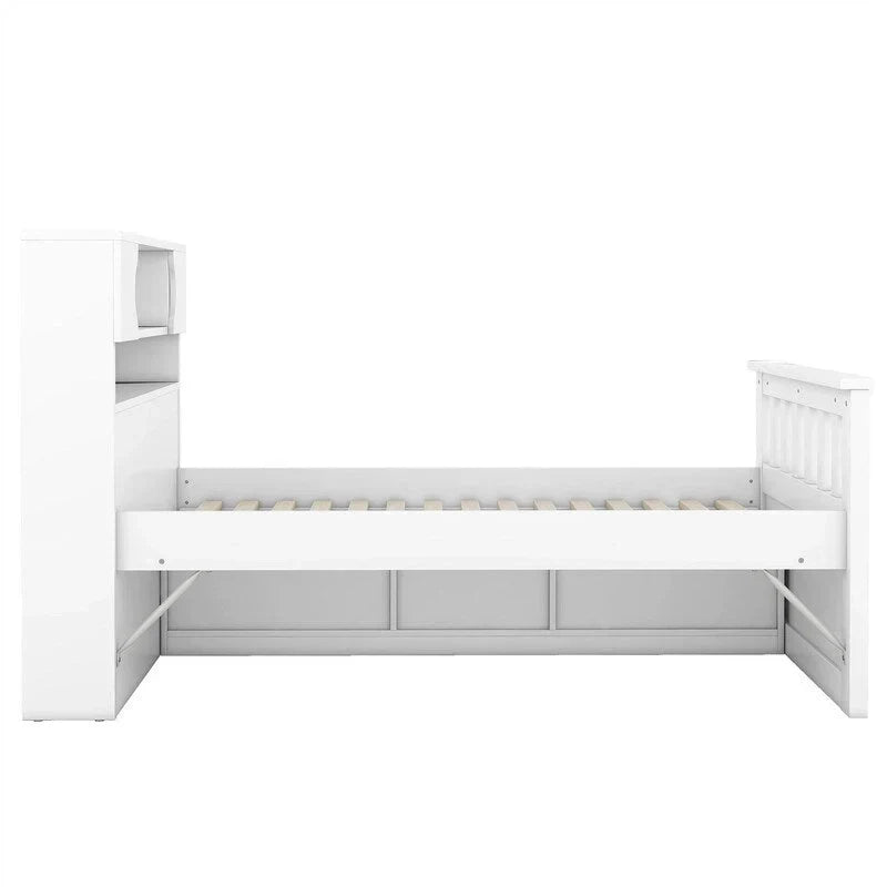 Letto a piattaforma Captain singolo/matrimoniale con 4 cassetti e ripiani contenitori, struttura in legno massello con testiera libreria contenitore