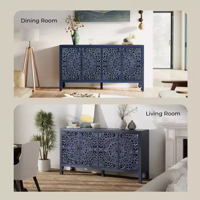 Credenza con contenitore, mobile contenitore dall'aspetto vissuto con 4 ante intagliate e ripiano regolabile, credenza decorativa in legno