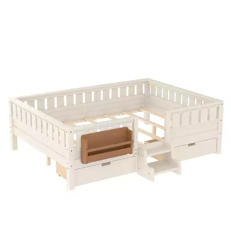 Lit pour enfant Bellemave format queen avec 14 barrières de sécurité, cadre de lit compact avec bibliothèque intégrée et 2 tiroirs de rangement sous le lit