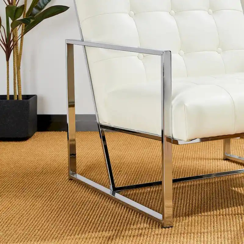 Fauteuil d’appoint Glitzhome crème de style mi-siècle moderne, revêtement en cuir PU capitonné et structure chromée, hauteur de 30.50