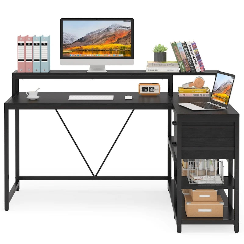 Schreibtisch in L-Form mit Schublade, Eckschreibtisch fürs Homeoffice mit Ablagefächern und Monitorständer, rustikaler PC-Schreibtisch für kleine Räume