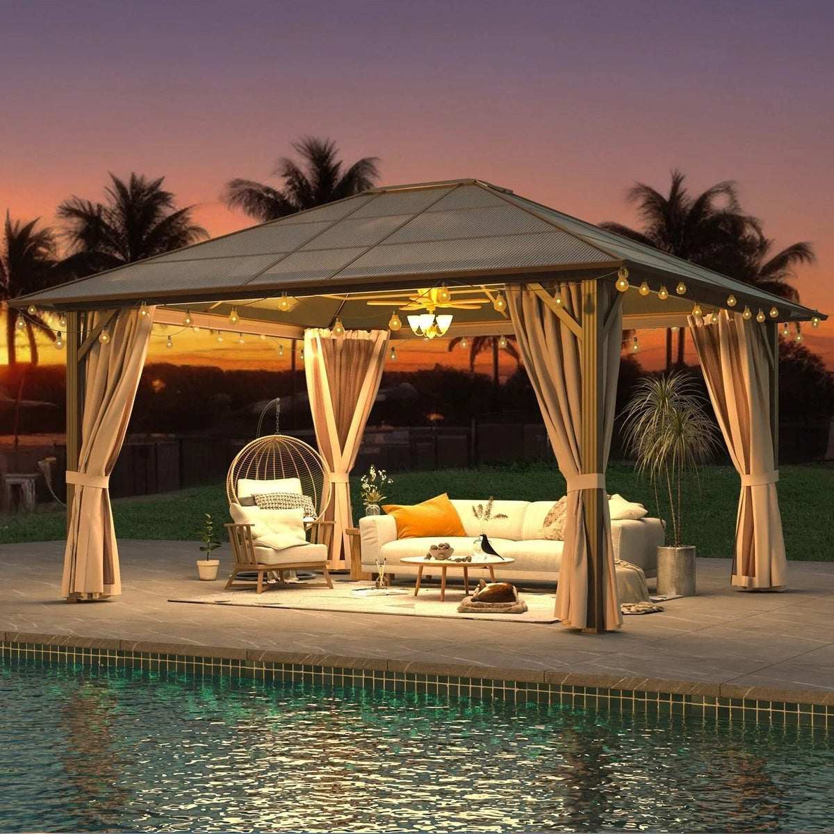 EROMMY hardtop-paviljoen, pergola voor buiten met dubbel dak, netten en gordijnen, extra stevig zonnescherm voor terras, achtertuin en zwembadfeest