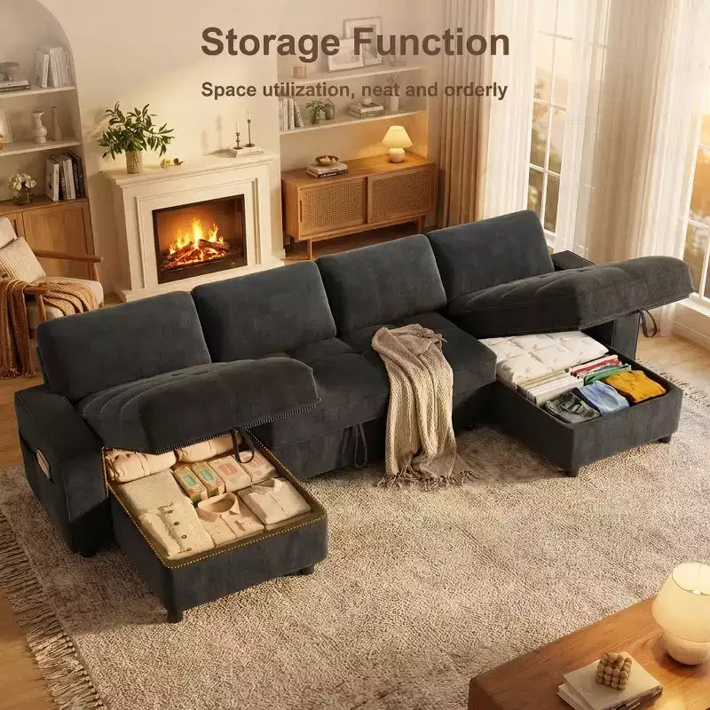 104-Zoll-U-förmiges Schlafsofa mit Stauraum, umwandelbar