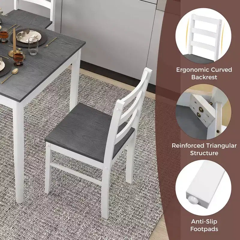 Costway 5-delige eetkamerset van massief hout, keukenmeubels met rechthoekige tafel en 4 stoelen, naturel/koffiekleur/grijs