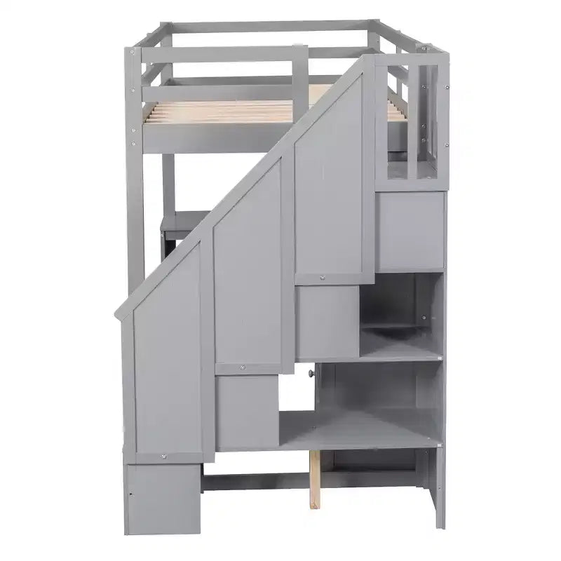 Lit mezzanine simple avec bureau en L, 3 tiroirs, armoire, rangement sous l’escalier, structure en pin massif/MDF
