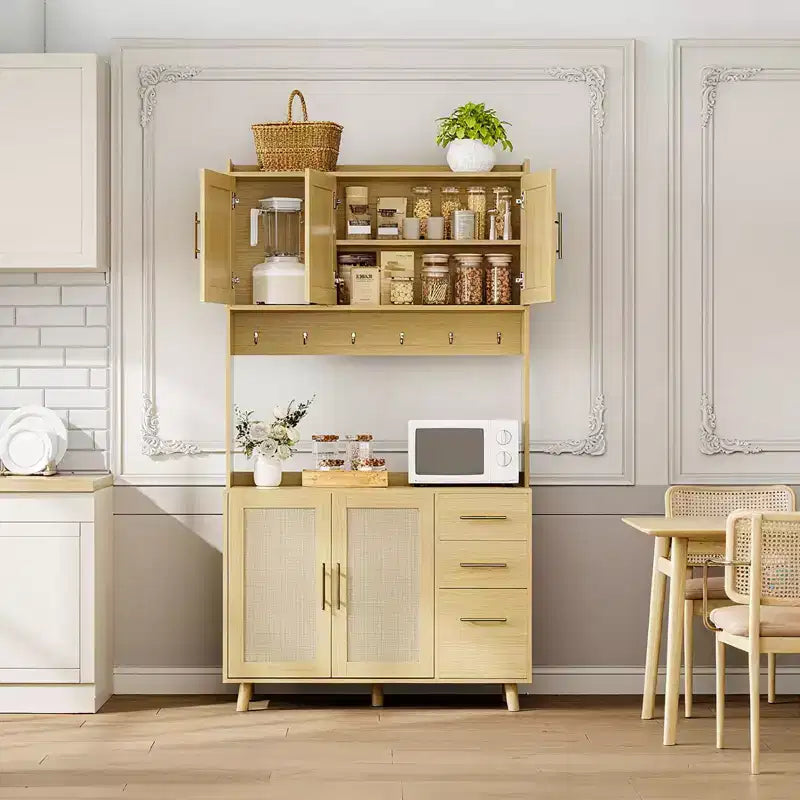 Dispensa da cucina in rattan da 71, mobile buffet con supporto per microonde, ripiani regolabili e 6 ganci, naturale