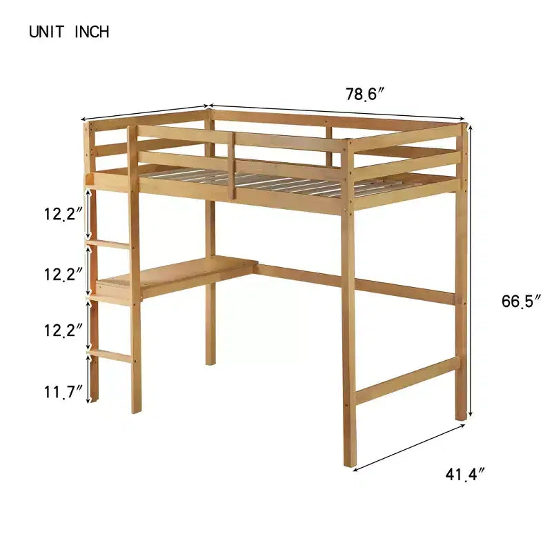 Lit mezzanine minimaliste Okak avec échelle, lit mezzanine pour lit simple en bois d’hévéa avec garde-corps de sécurité et bureau intégré, cadre de lit pour enfants et adolescents