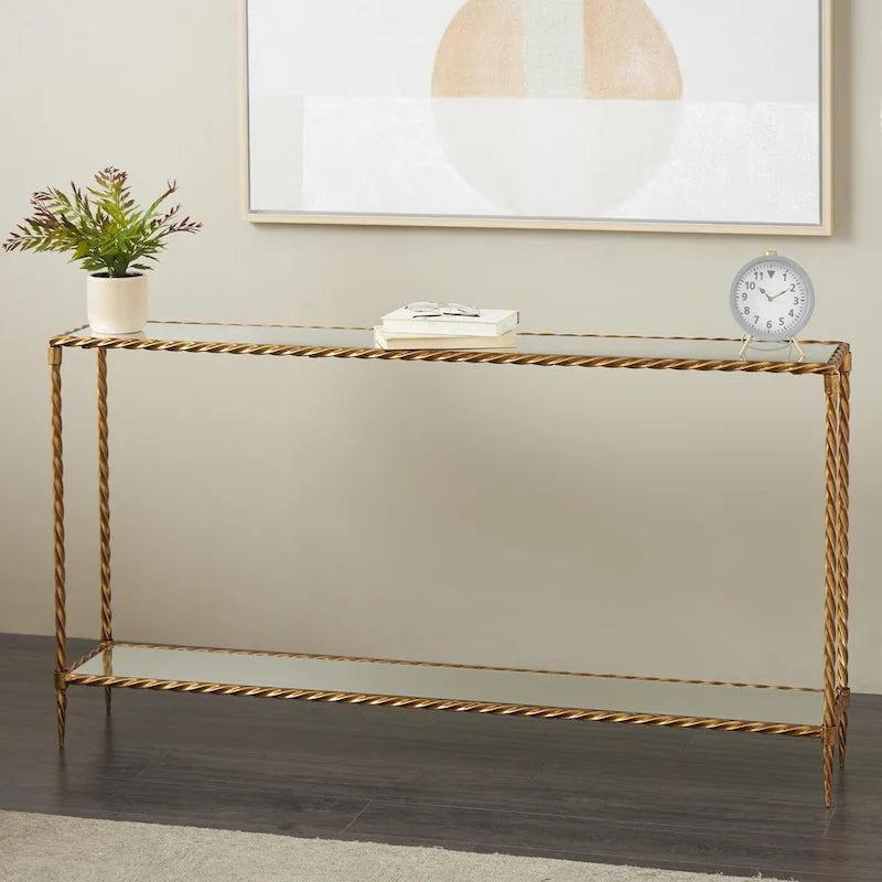 Konsolentisch mit 1 Ablage, inspiriert von gedrehtem Metallseil, mit verspiegelter Glasplatte und Ablage - Gold - Roche River Decor