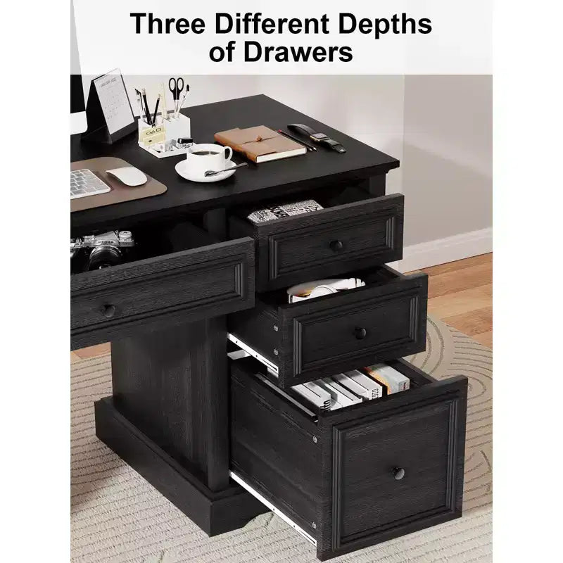 Dyonery 60-Zoll-Schreibtisch im Landhausstil mit Schubladen und Aktenschrank, Schreibtisch aus Holz mit geprägter Struktur fürs Homeoffice, Schwarz/Braun/Weiß und Braun