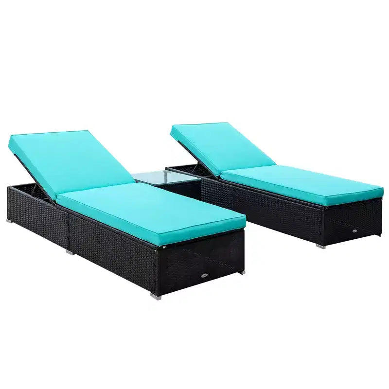 Set aus 2 Sonnenliegen mit Rückenlehne in 5 Positionen, Outdoor-Couchtisch, wasserabweisende Kissen, Poolliegen aus PE-Rattan