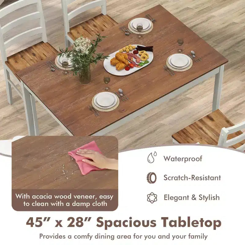 Costway 5-delige eetkamerset van massief hout, keukenmeubels met rechthoekige tafel en 4 stoelen, naturel/koffiekleur/grijs