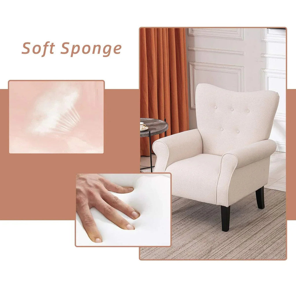 Erommy moderne fauteuil, fauteuil met hoge rugleuning, gestoffeerde eenzitsbank met knopen en houten poten voor de woonkamer