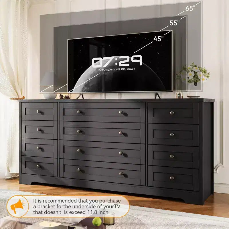 Commode en bois à 12 tiroirs pour chambre, meuble TV moderne et large pour téléviseur de 65 pouces, commode en bois, rangement champêtre pour vêtements dans le salon