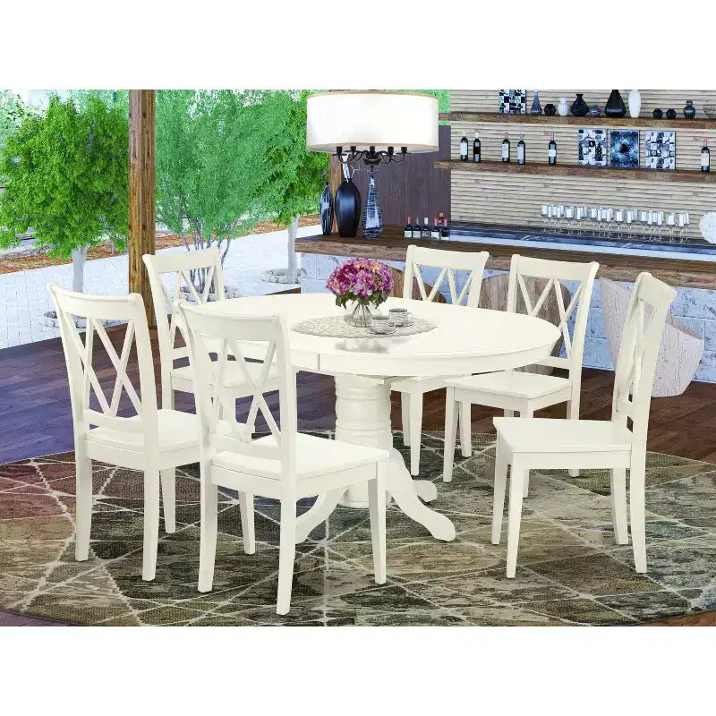Set da pranzo HomeStock da 7 pezzi, tavolo ovale bianco lino e 6 sedie, stile moderno