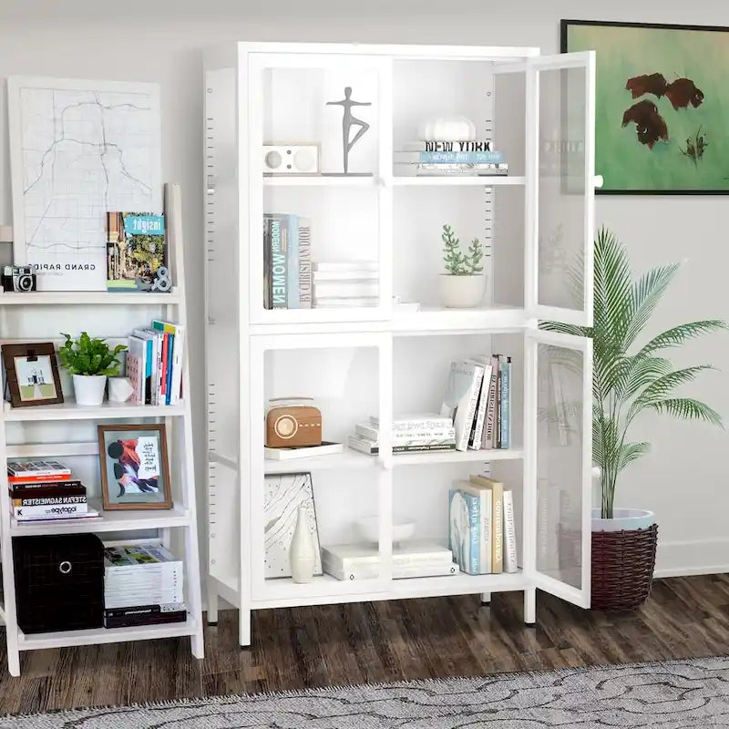 Sideboard aus kaltgewalztem Stahl mit vier Glastüren, verstellbaren Einlegeböden und Füßen