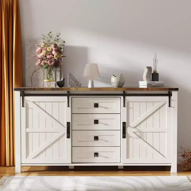 SinCiDo Schminktisch im Landhausstil, 60, mit Schiebetür im Scheunentor-Stil und 4 Schubladen, Schubladenschrank für Wohnzimmer, Schlafzimmer und Kaffeebar