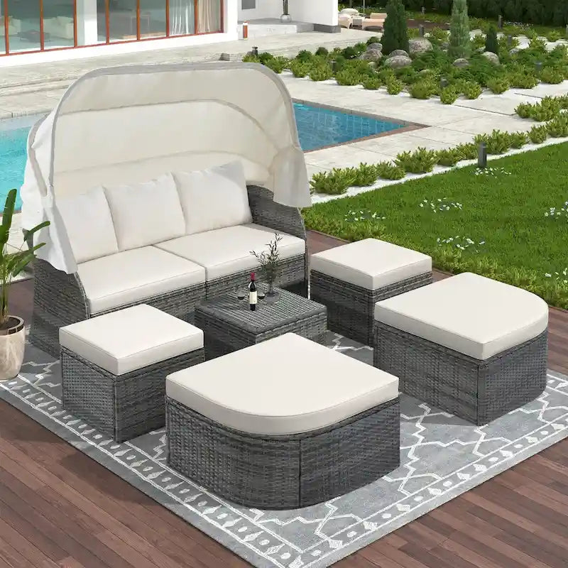 Graues Outdoor-Daybed aus Rattan mit Kissen und ausziehbarem Sonnendach