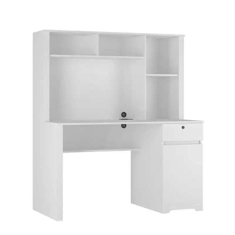 Bureau d'ordinateur moderne de 51.18IN avec rehausseur et bibliothèque, bureau avec nombreux rangements, bureau d'écriture pour le travail et la lecture