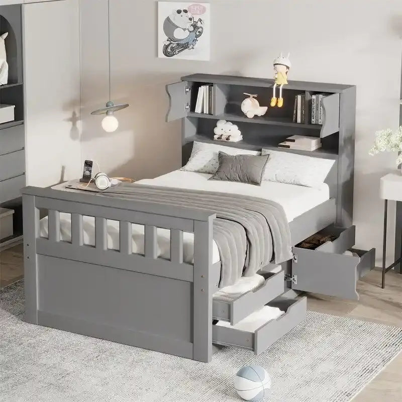 Letto a piattaforma Captain singolo/matrimoniale con 4 cassetti e ripiani contenitori, struttura in legno massello con testiera libreria contenitore