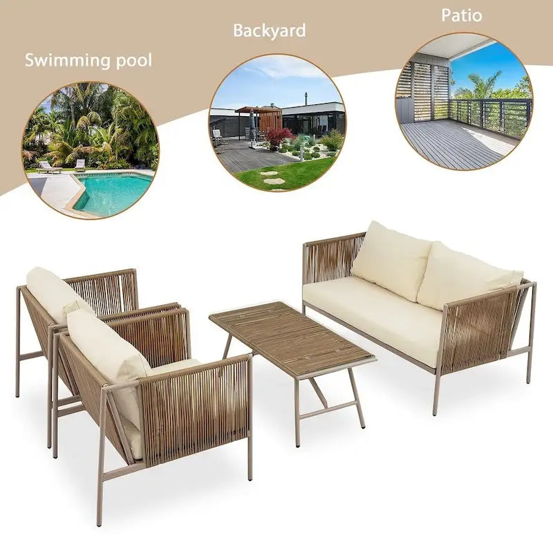 Ensemble de patio extérieur en corde, 4 pièces pour 4 personnes, avec coussins et table en verre