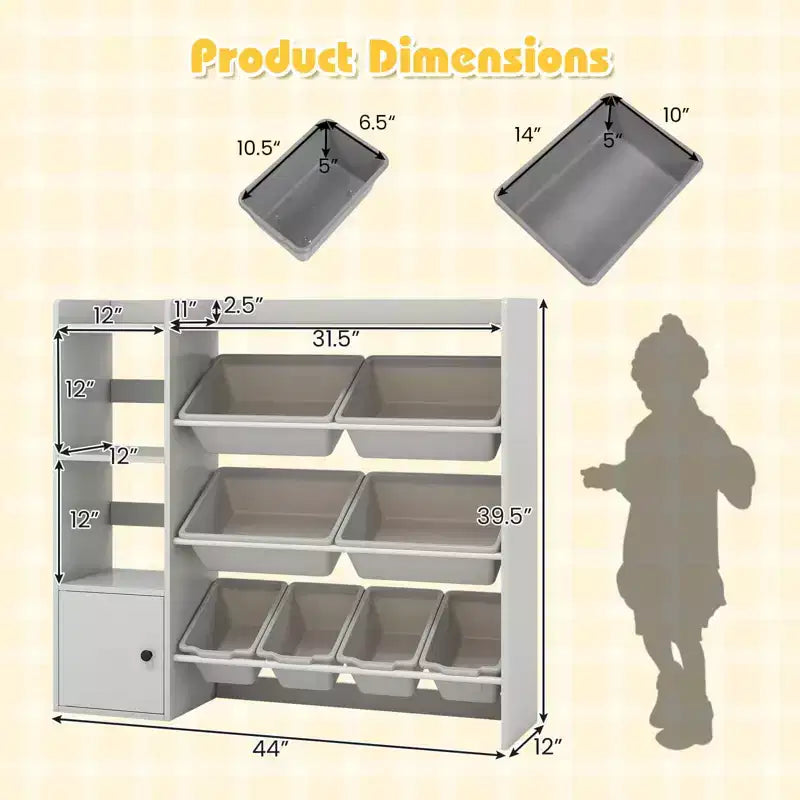 Costway Spielzeugaufbewahrung und Bücherregal für Kinder, Bücherregal aus Holz mit 4 kleinen und 4 großen Boxen, Grau/Weiß