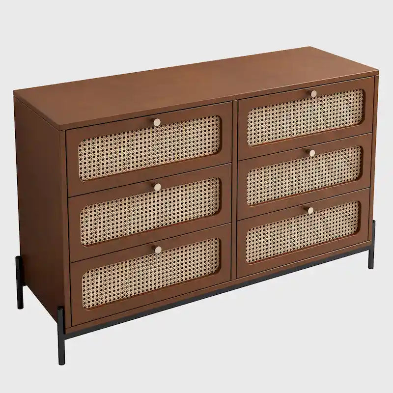 Moderne Kommode aus Holz und Rattan im Cannage-Stil mit 6 Schubladen