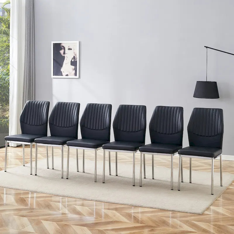 Luxuriöses, schlichtes Set aus 6 Esszimmerstühlen aus PU mit hoher Rückfederung und silbernen Metallbeinen, armlose Küchenstühle