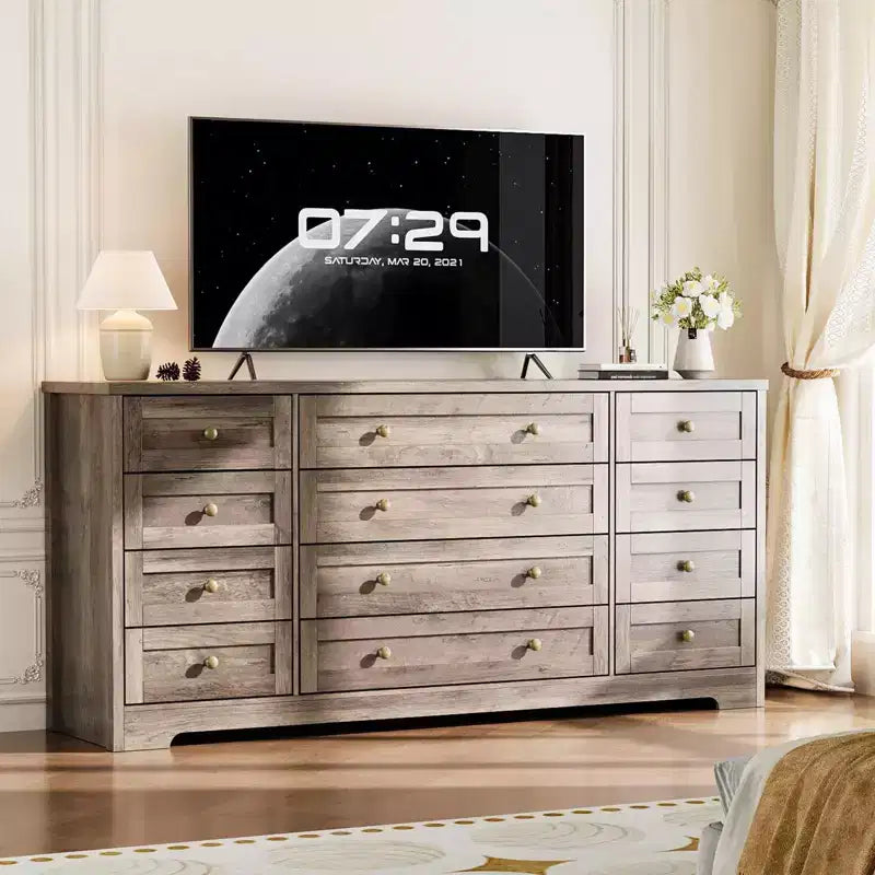 Commode en bois à 12 tiroirs pour chambre, meuble TV moderne et large pour téléviseur de 65 pouces, commode en bois, rangement champêtre pour vêtements dans le salon