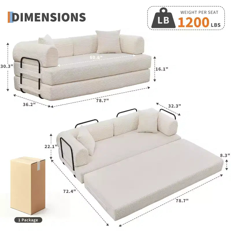 Canapé-lit 4-en-1 sans structure de 78.7 en velours côtelé, causeuse futon pliable au sol avec coussins (aucun assemblage requis)