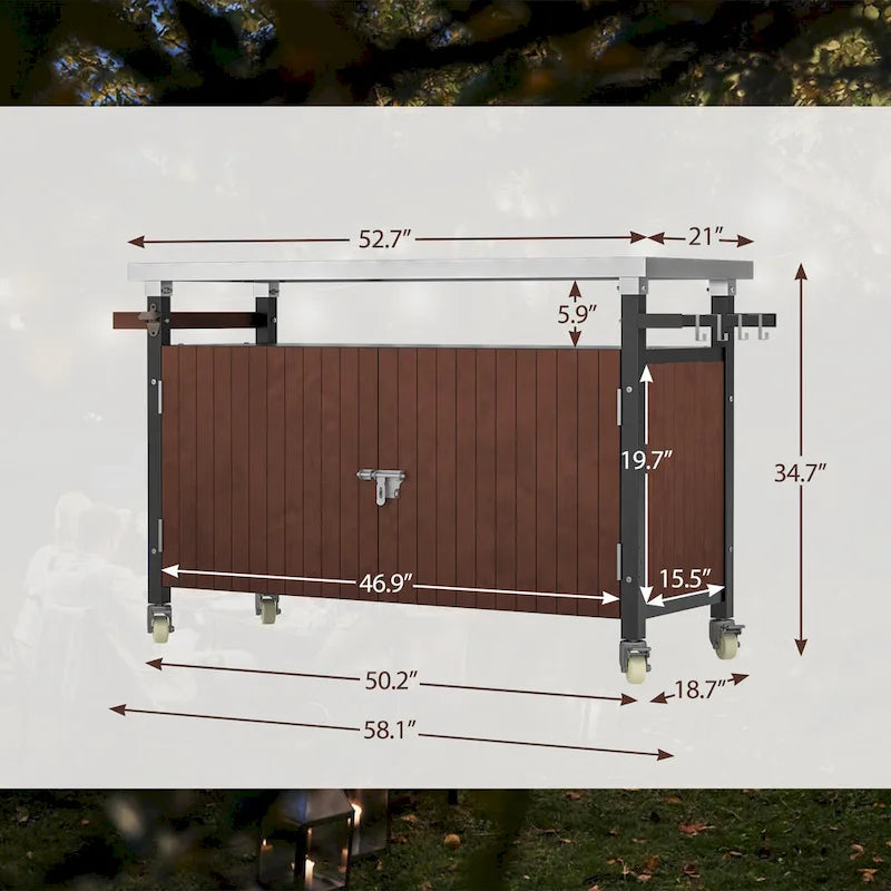 Grillwagen für draußen mit Tischplatte aus Edelstahl (Hocker nicht im Lieferumfang enthalten)