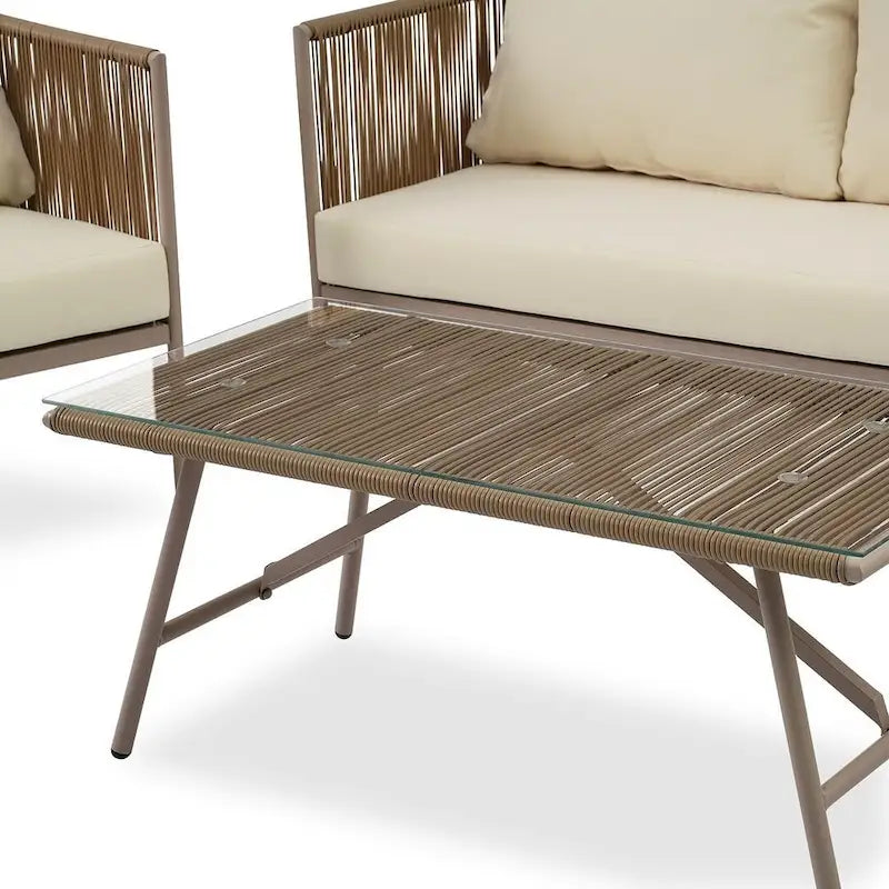 Ensemble de patio extérieur en corde, 4 pièces pour 4 personnes, avec coussins et table en verre