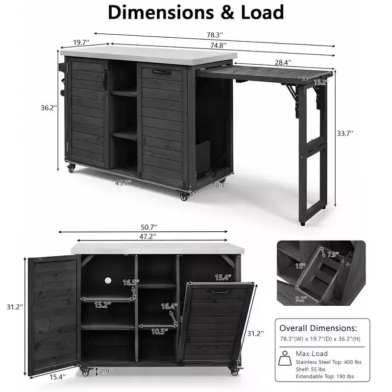 Buiteneiland voor de keuken met inklapbare zijtafel, buitenkeukenwagen met roestvrijstalen blad, verborgen afvalbak voor gazon en tuin